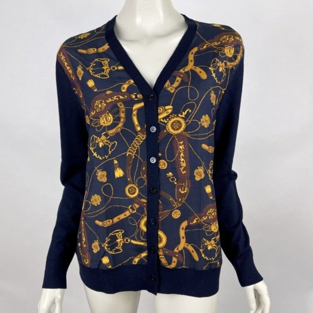 Brooks Brothers Equestrian Print Cardigan Women L EUC Wool Silk Button-upSweater
